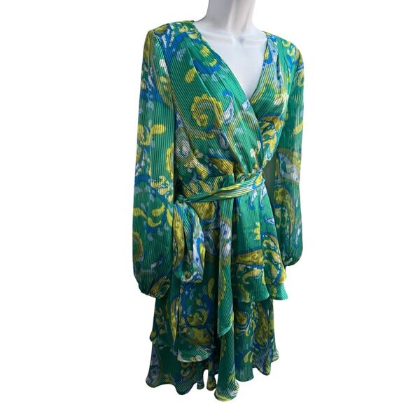 TAHARI ASL Women's Size 4 Wrap Belt Dress Green Paisley Ruffle Print Lined NWT - Picture 4 of 12